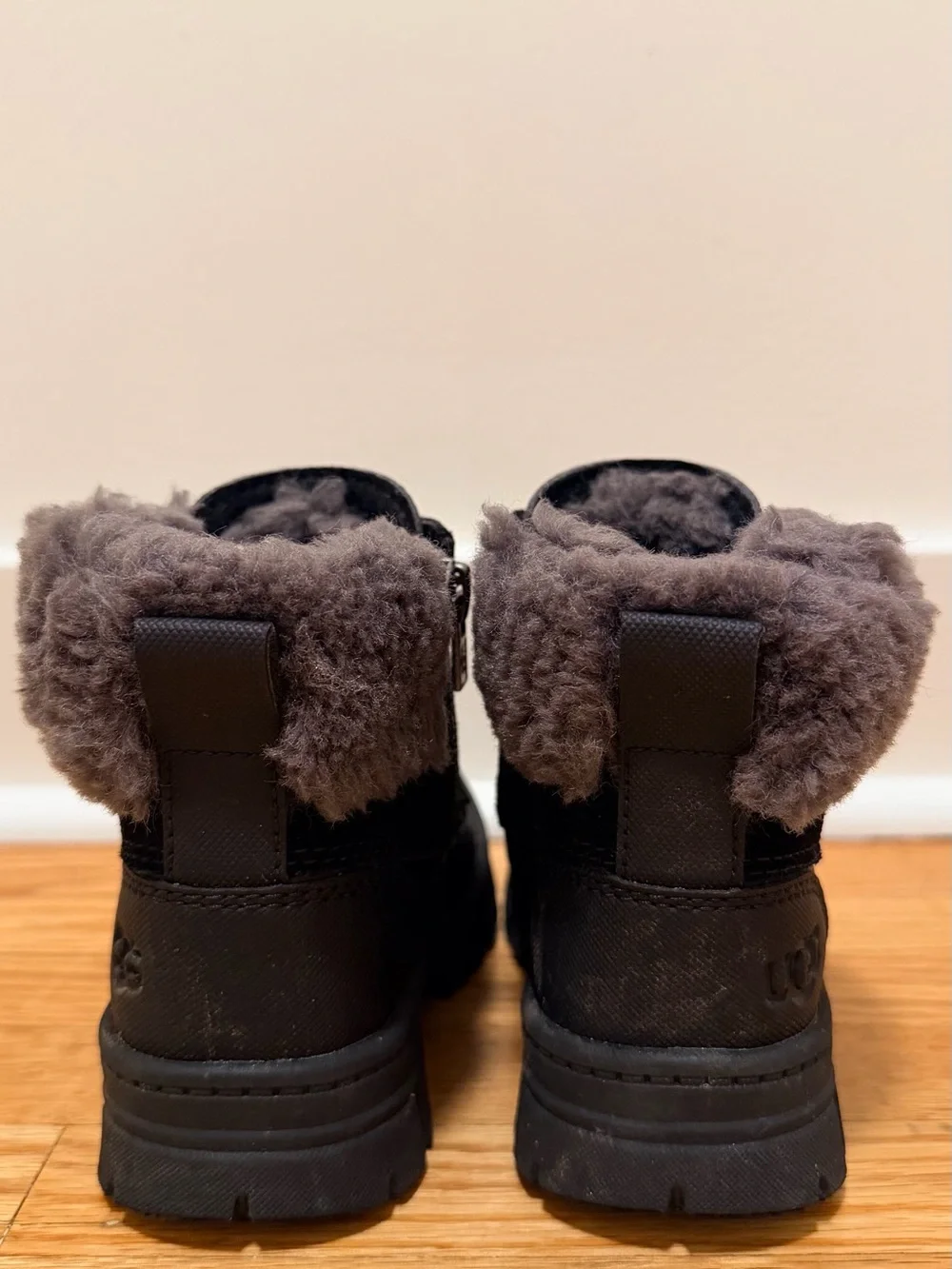 UGG Black Boots with Gray Shearling and Red Laces